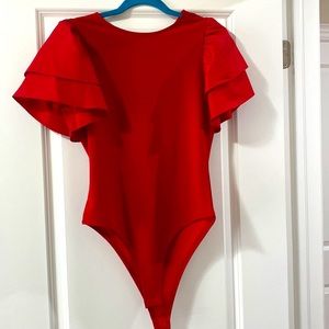 SUZY SHIER Ruffle Sleeve Red Bodysuit